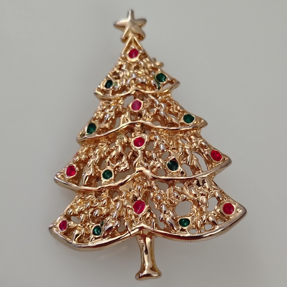 Christmas Tree Brooch with Red and Green Accents